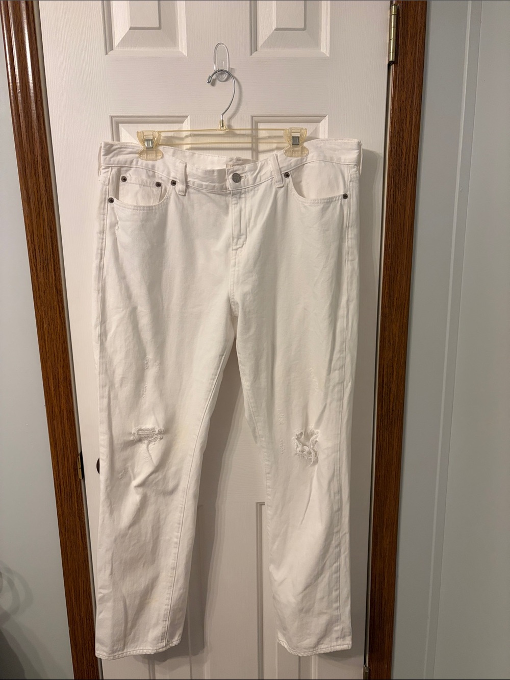 J. Crew White Straight-Leg Jeans with Knee Distress